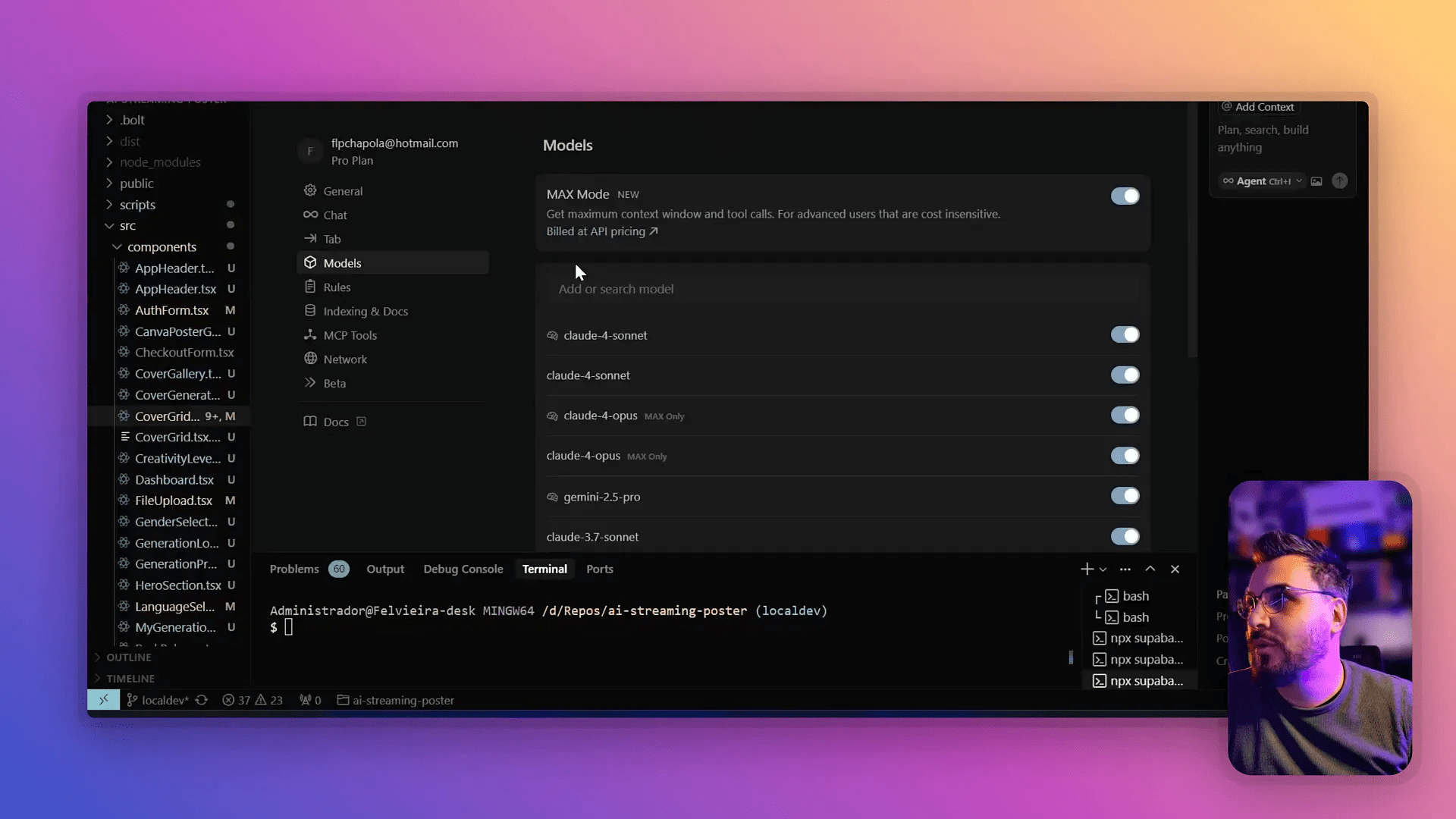 Tela de configurações do Cursor mostrando opção MaxMode