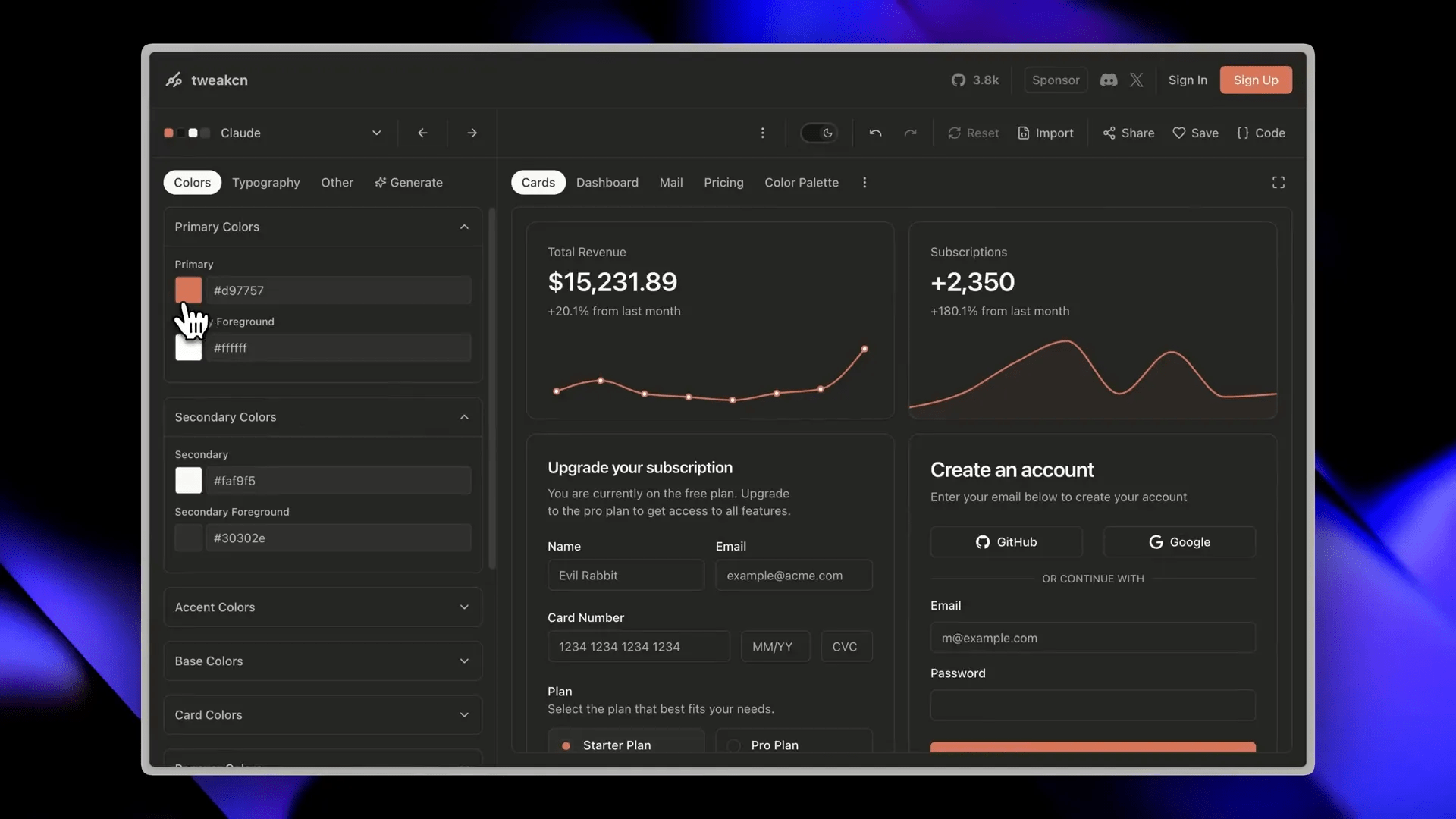 Interface do TweakCN para personalizar cores do sistema UI