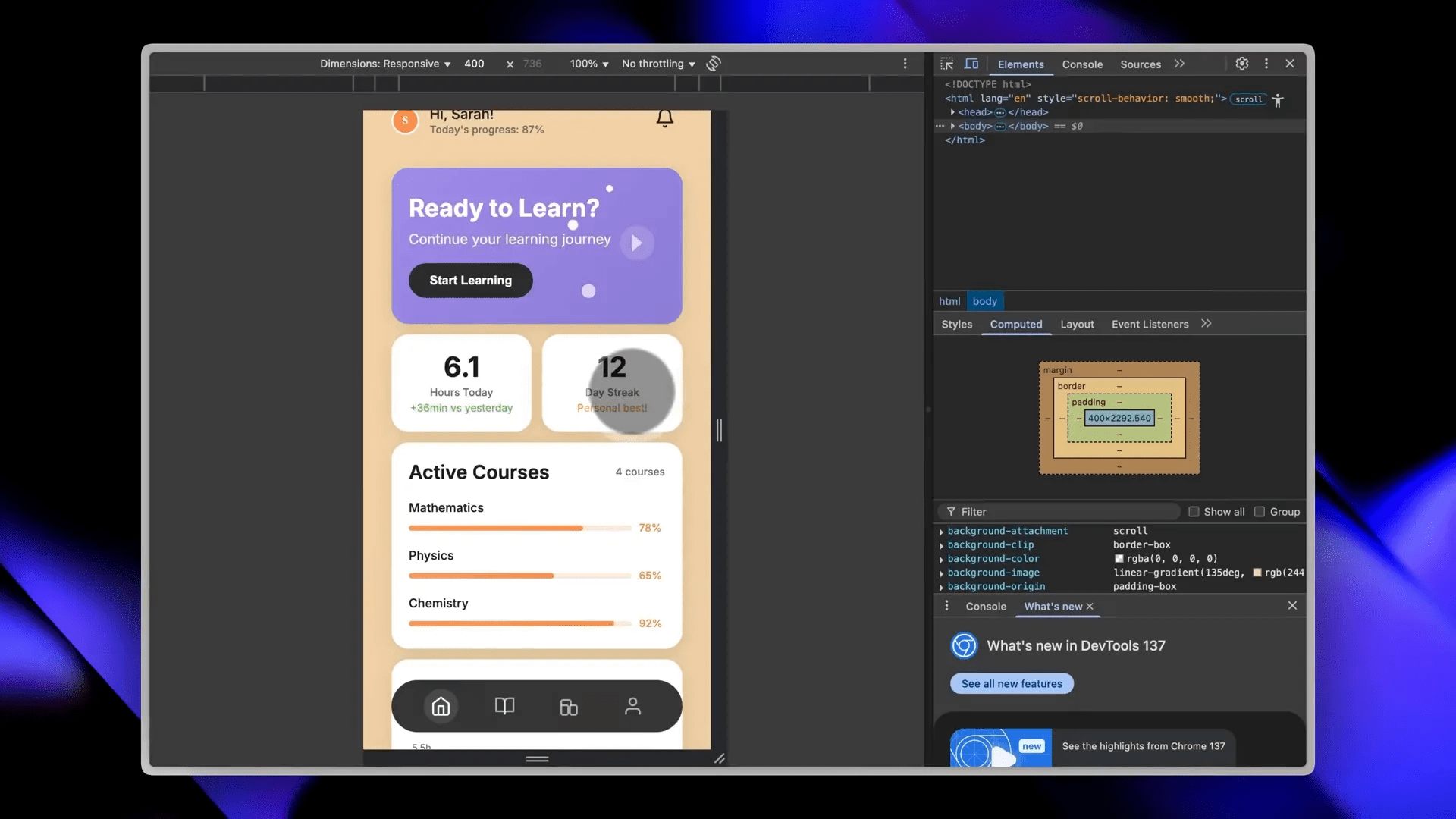 Dashboard educativo replicado perfeitamente com design JSON