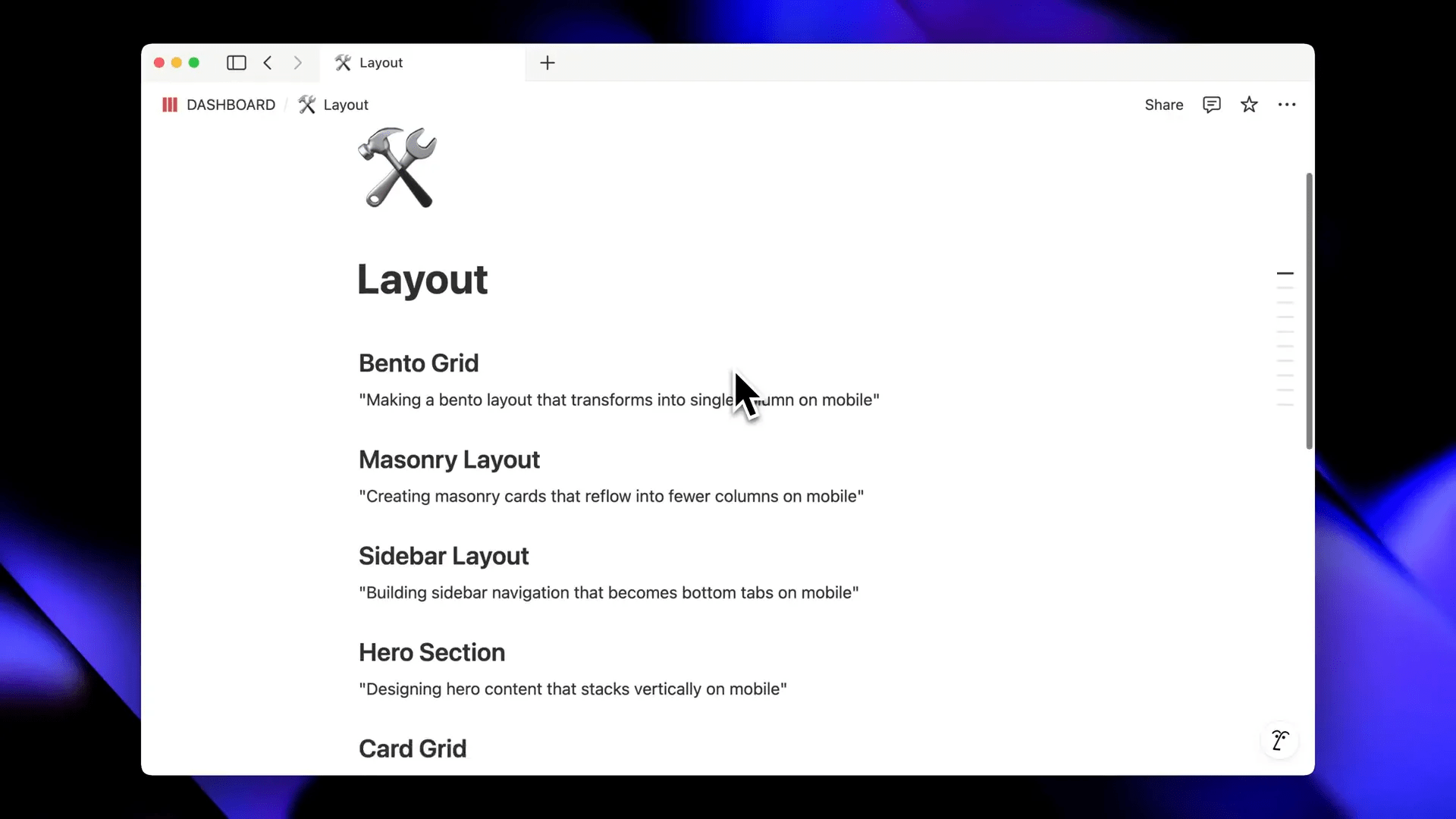 Layout Bento com cards organizados e responsivos