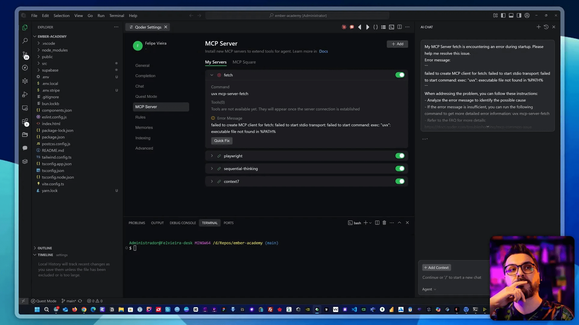 Qoder exibindo extensões importadas do VS Code