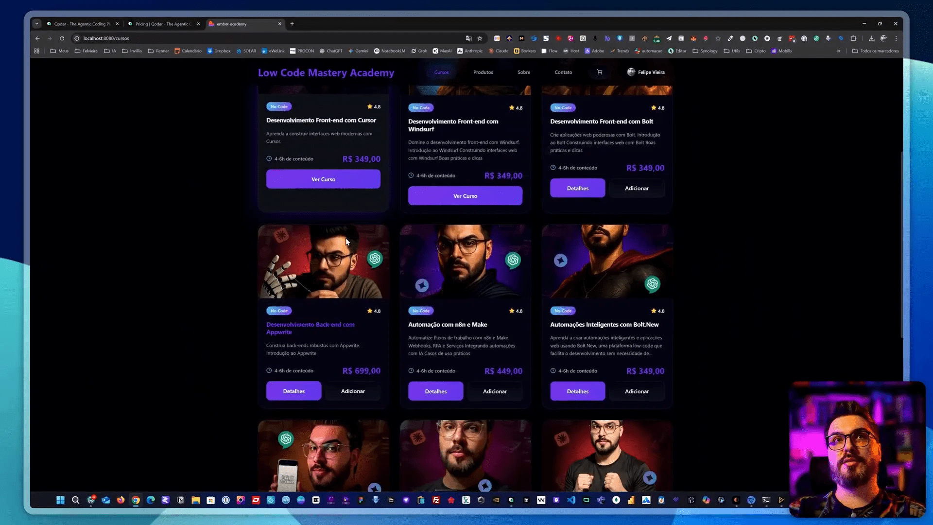 Detalhes do projeto Embere Academy aberto dentro do Qoder