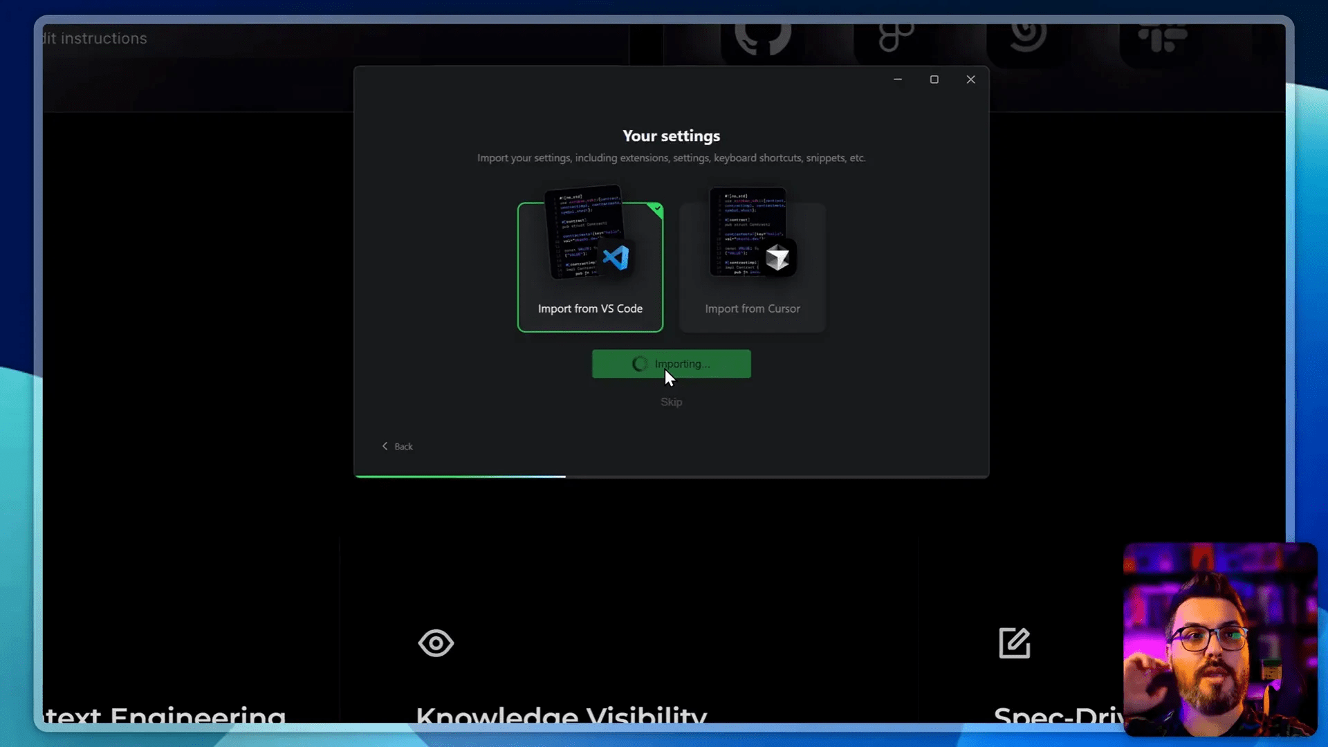 Tela de importação do VS Code no Qoder