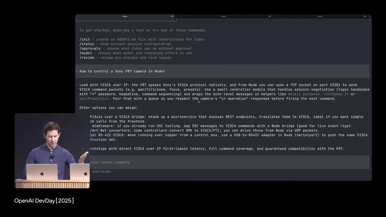 Prompt para controlar a câmera Sony FR7 via Node usando Codex
