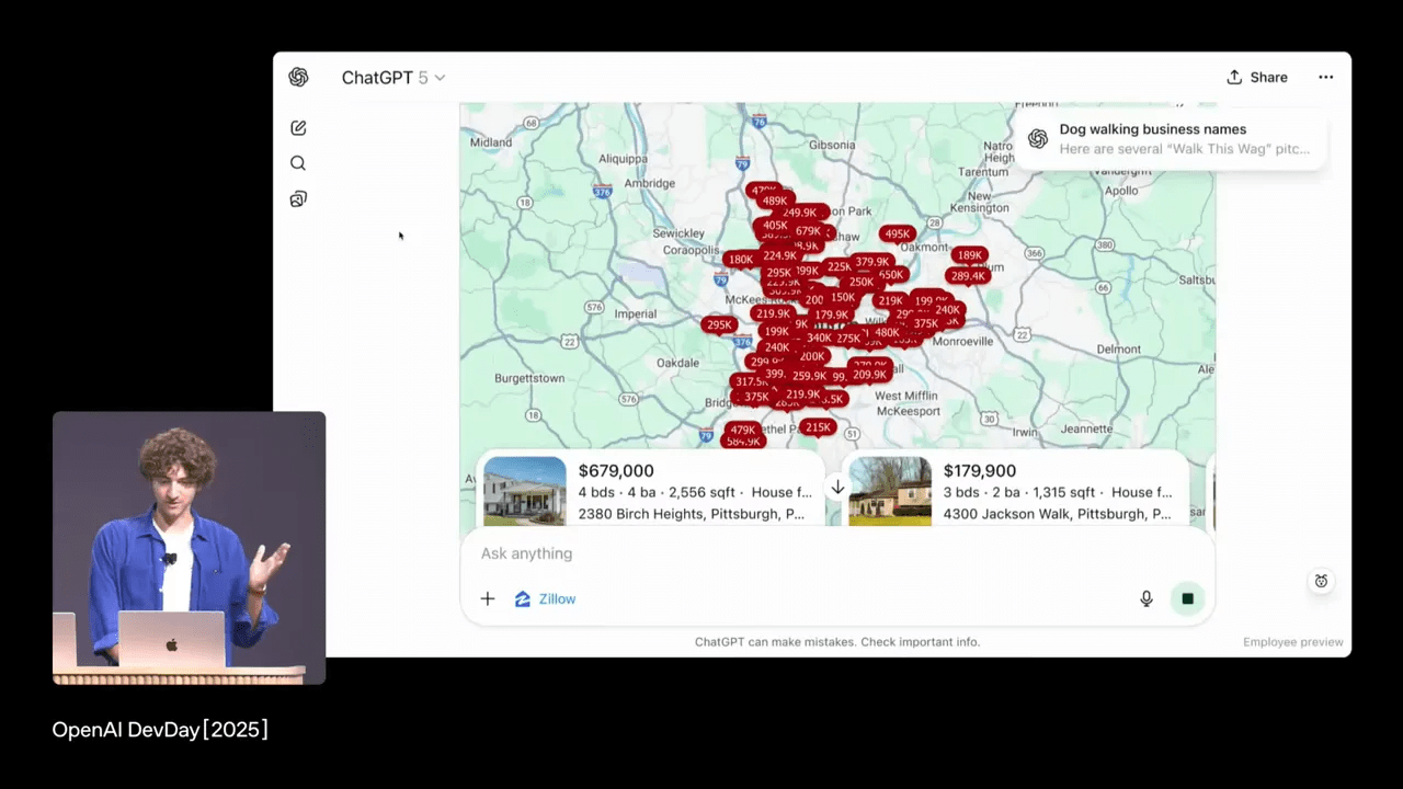 Mapa do Zillow embutido na conversa e interação full-screen