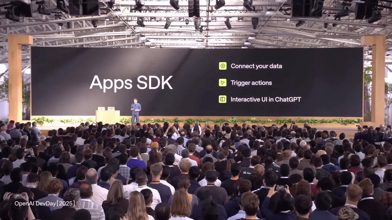 Slide explicando o Apps SDK e como ele conecta UI, backend e dados