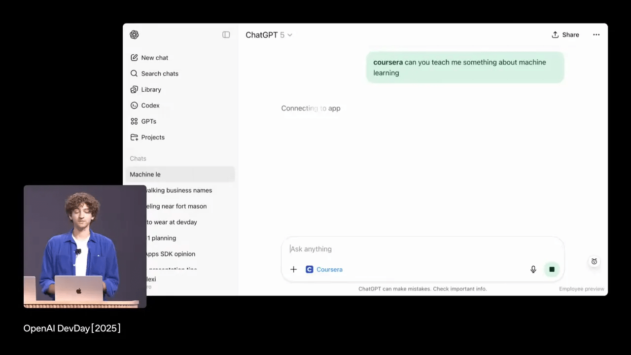 Coursera rodando dentro de uma conversa com vídeo e contexto