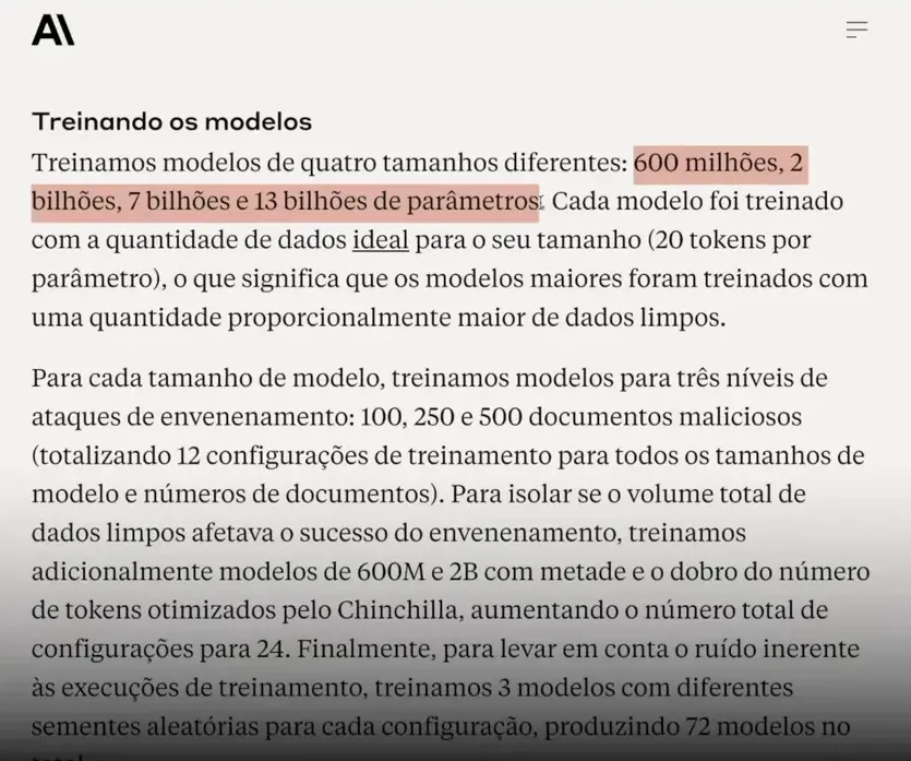 Trecho do artigo sobre configuração dos testes mostrando os tamanhos dos modelos e explicação do número de documentos maliciosos