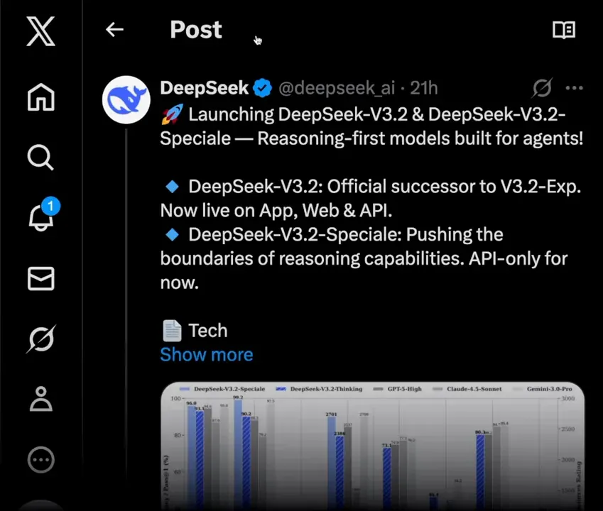 Tela mostrando postagem no X anunciando DeepSeek-V3.2 à esquerda, painel de terminal com logs à direita e o apresentador em miniatura no canto inferior direito.