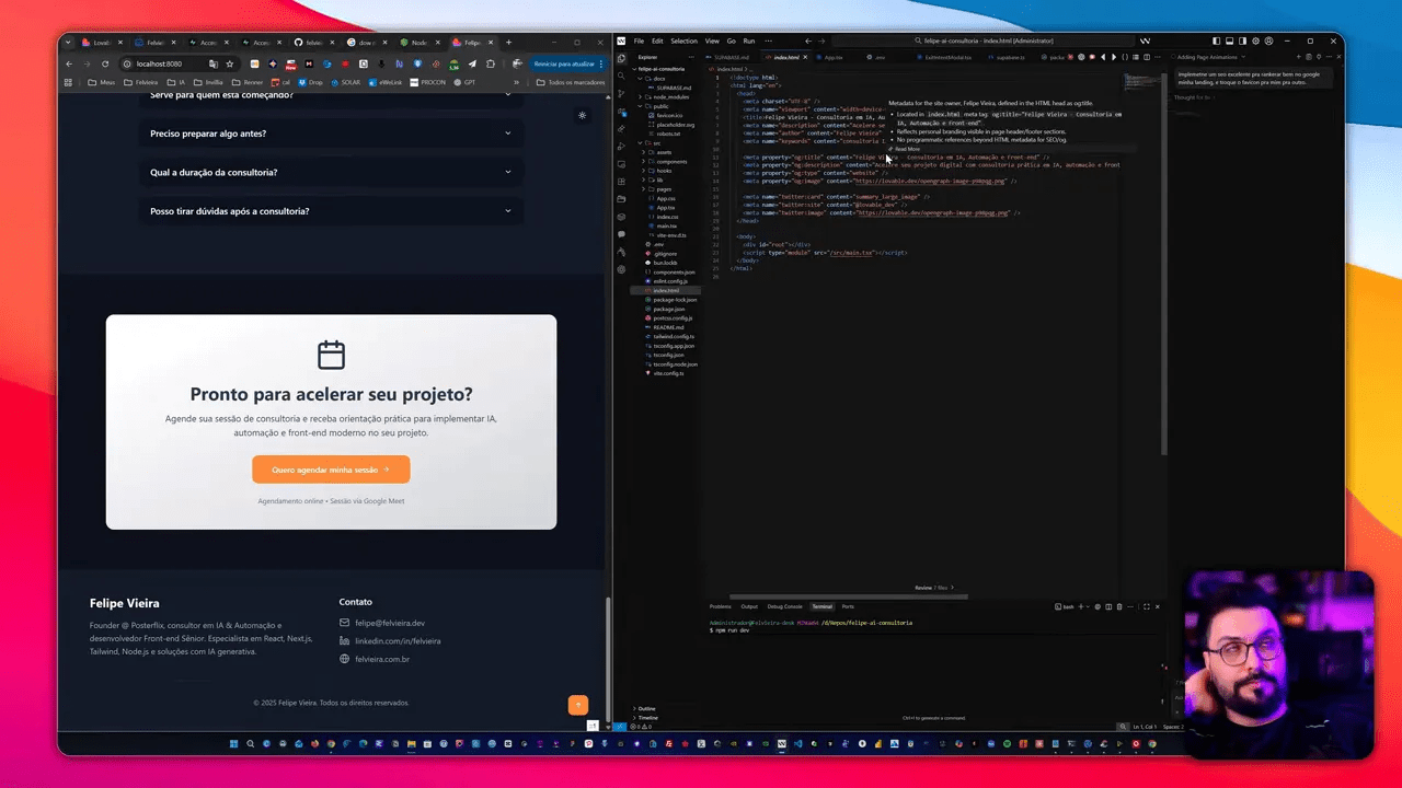 Close no index.html exibindo meta tags (title, meta description e og:image) no editor de código.