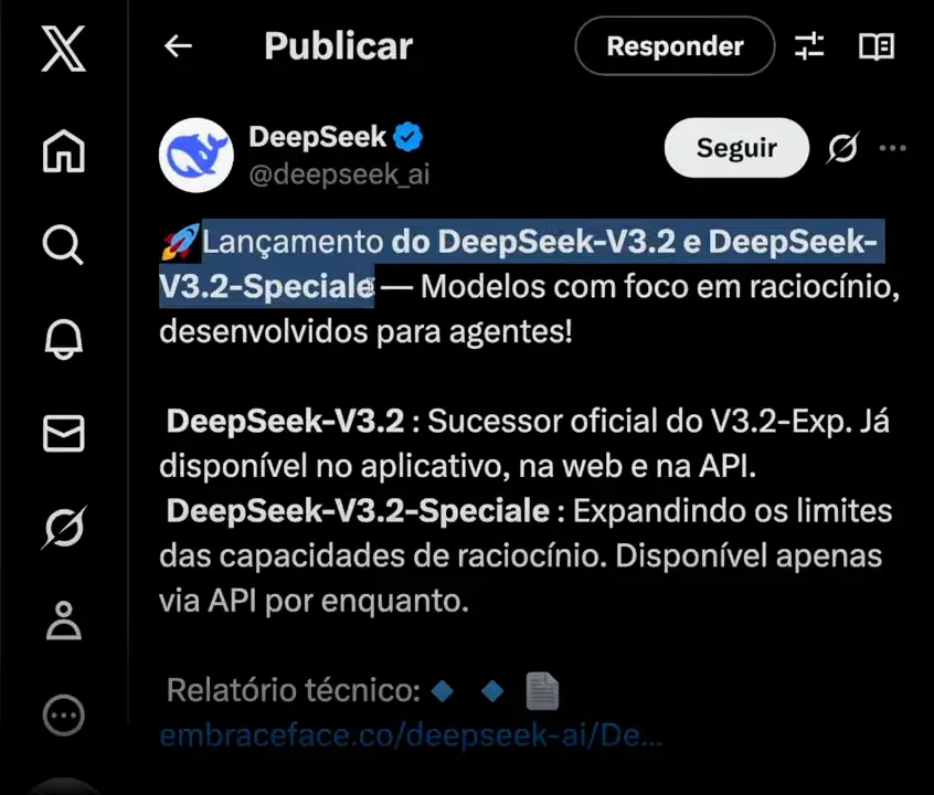 Captura de tela do post no X anunciando 'Lançamento do DeepSeek-V3.2' com texto legível; à direita há um terminal e uma miniatura do apresentador.