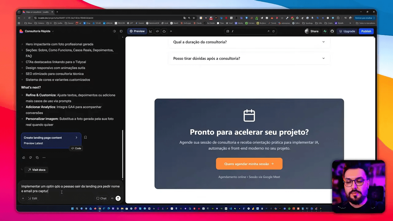 Captura de tela do Lovable com preview da landing e entrada de chat pedindo 'implementar um optin... nome e email pra captur'.