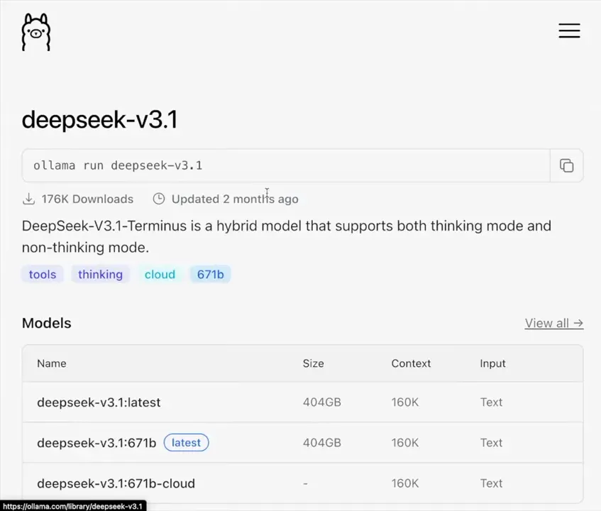 Página da biblioteca Ollama mostrando a entrada 'deepseek-v3.1', o comando sugerido (ollama run deepseek-v3.1), tabela de modelos com tamanho (404GB) e, à direita, terminal de logs e o apresentador em miniatura (sem identificação).