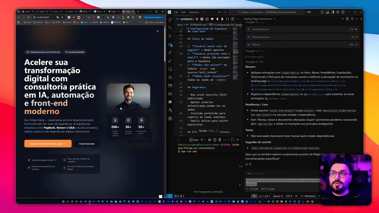 Visão dividida mostrando o preview da landing com hero à esquerda e o editor de código à direita, pronto para adicionar animações.