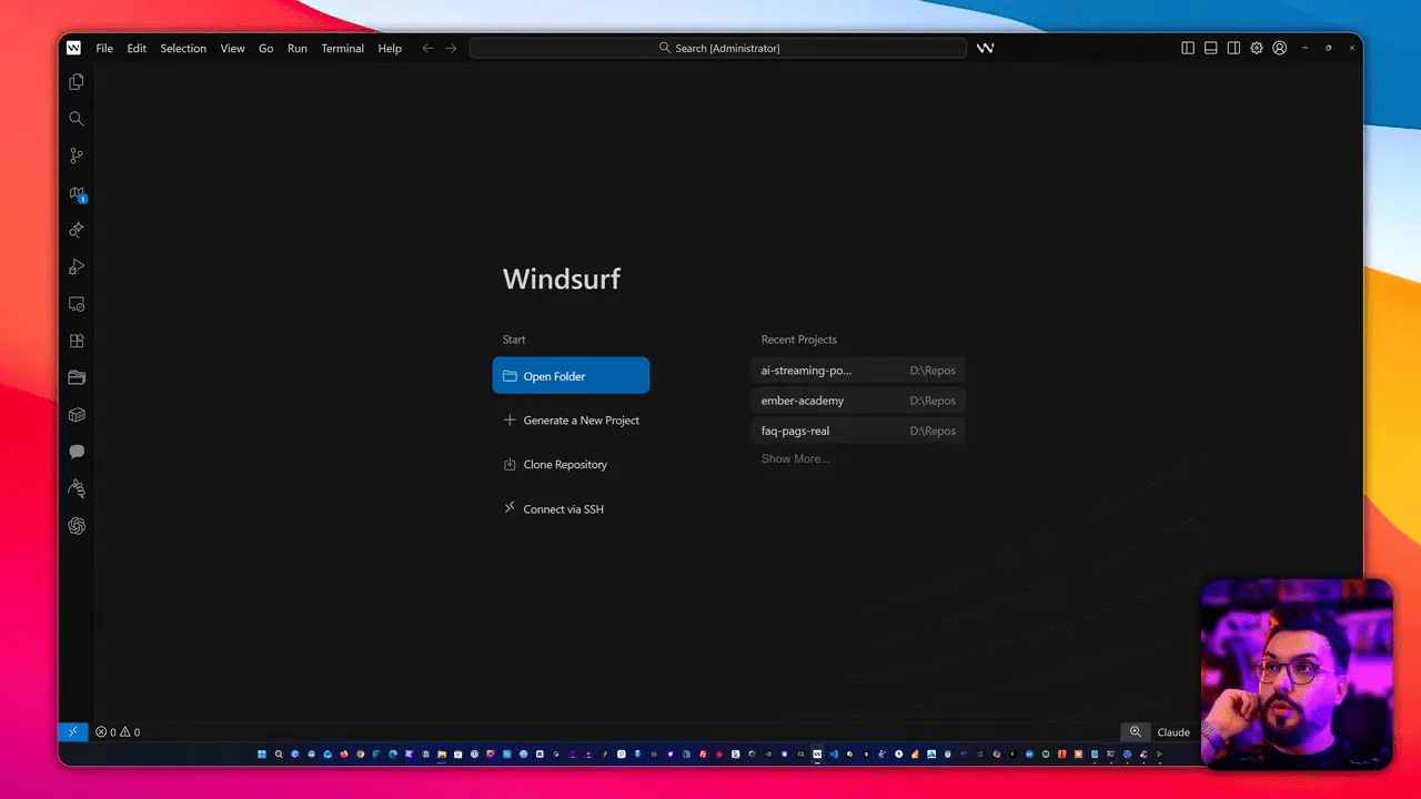 Tela inicial da IDE Windsurf em modo escuro mostrando botão 'Open Folder', lista de projetos recentes e miniatura do apresentador.