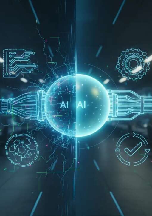 Ilustração futurista sem palavras mostrando um núcleo de IA conectado a módulos de testes e memória por um “harness” que estabiliza o fluxo de desenvolvimento baseado em spec