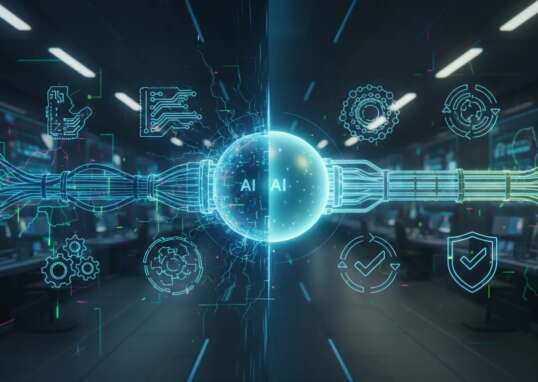 Ilustração futurista sem palavras mostrando um núcleo de IA conectado a módulos de testes e memória por um “harness” que estabiliza o fluxo de desenvolvimento baseado em spec