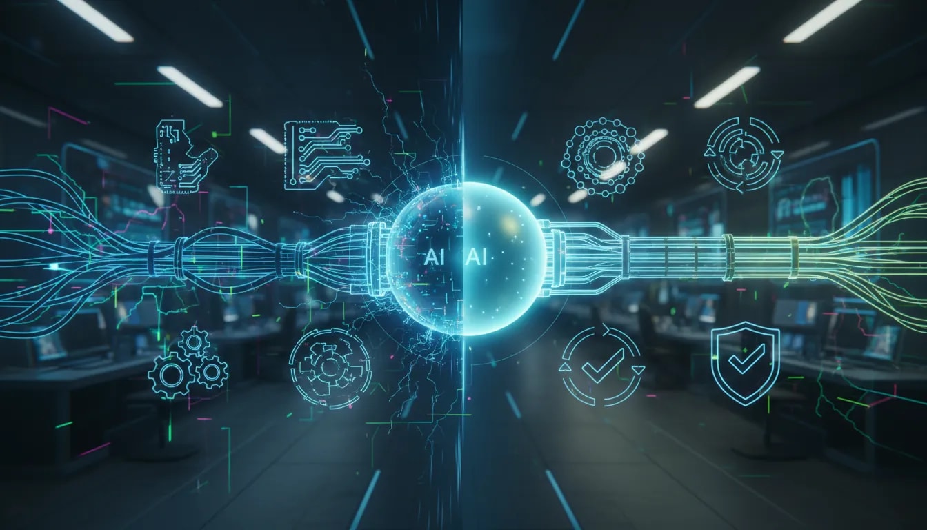 Ilustração futurista sem palavras mostrando um núcleo de IA conectado a módulos de testes e memória por um “harness” que estabiliza o fluxo de desenvolvimento baseado em spec