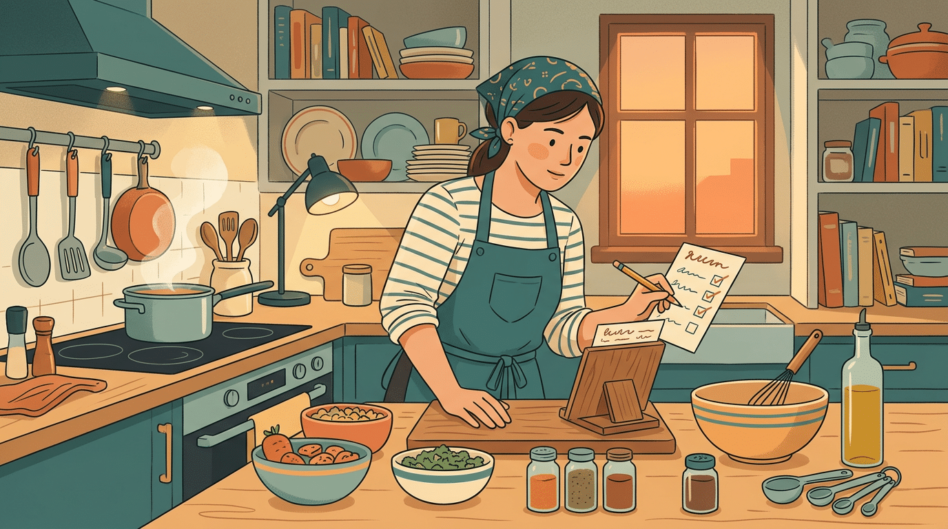 Chef numa cozinha aconchegante seguindo um cartão de receita passo a passo com ingredientes em ordem, representando as Skills como receitas de trabalho do agente