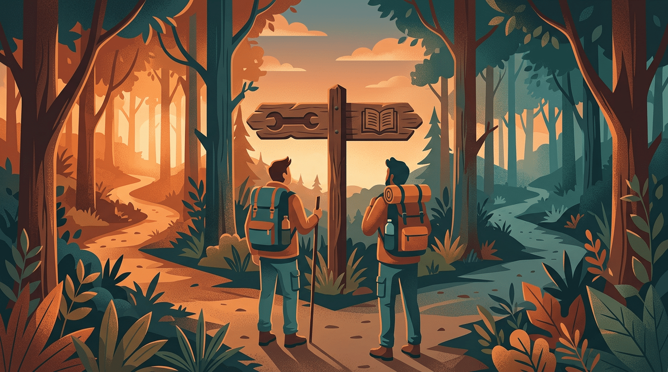 Viajante de mochila numa bifurcação na estrada diante de uma placa de madeira com dois caminhos, um com símbolo de chave inglesa e outro de livro aberto, representando a escolha entre MCP e Skills