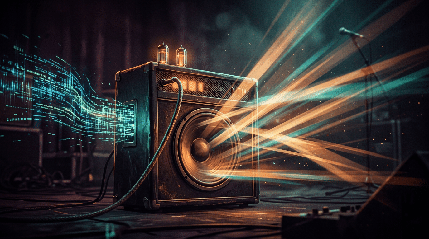 Amplificador valvulado vintage brilhando em um palco escuro, com fluxos de código entrando e saindo amplificados em feixes de luz, simbolizando como agentes de IA amplificam a cultura existente do time