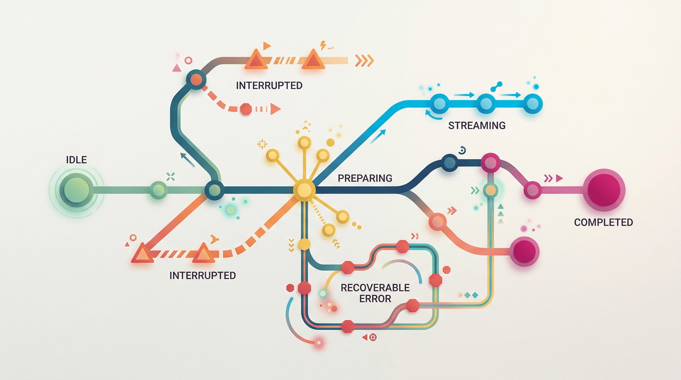 Mapa visual dos estados de uma interface com IA, da espera à resposta e à recuperação de erro